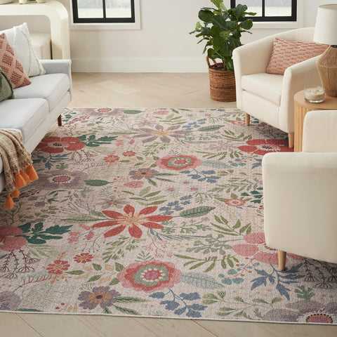 Nourison Washables Floral Cream Multicolor 4' x 6' Area -Rug, Easy -Cleaning, Non Shedding, Bed Room, Living Room, Dining Room, Kitchen (4x6)