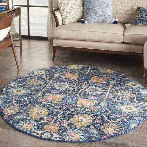 Nourison Passion Navy 4' x Round Area Rug, Boho, Moroccan, Bed Room, Living Room, Dining Room, Kitchen, Easy Cleaning, Non Shedding, (4' Round)
