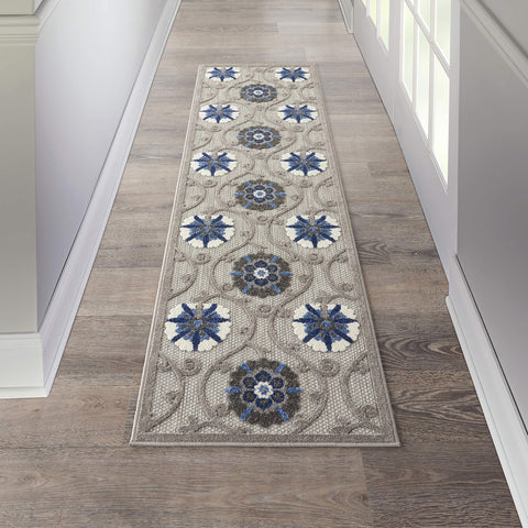 Nourison Aloha Indoor/Outdoor Grey/Blue 2'3" x 8' Area Rug, Easy Cleaning, Non Shedding, Bed Room, Living Room, Dining Room, Deck, Backyard, Patio (2x8)