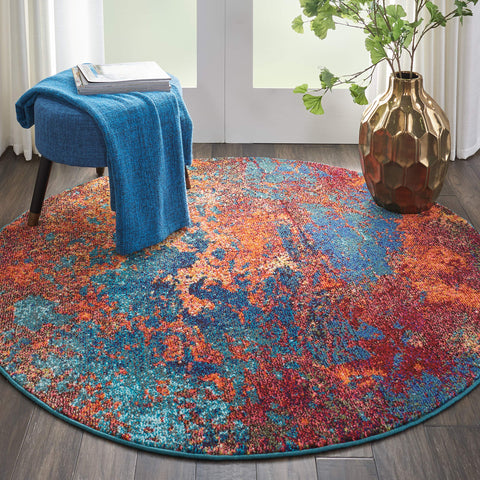 Nourison Celestial Red/Blue Atlantic 4' x Round Area -rug, Contemporary, Abstract, Easy -cleaning, Non Shedding, Bed Room, Living Room, Dining Room, Kitchen, (4' Round)