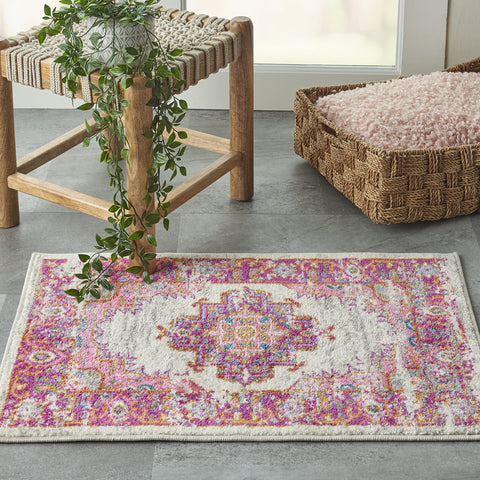 Nourison Passion Ivory/Fuchsia 22" x 34" Area Rug, Boho, Traditional, Easy Clean, Non Shedding, Bed Room, Living Room, Hallway, (2' x 3')
