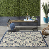 Nourison Caribbean Ivory/Navy 5'3" x Square Area Rug, Geometric, Floral, Bed Room, Living Room, Dining Room, Kitchen, Easy Cleaning, Non Shedding, (5' Square)