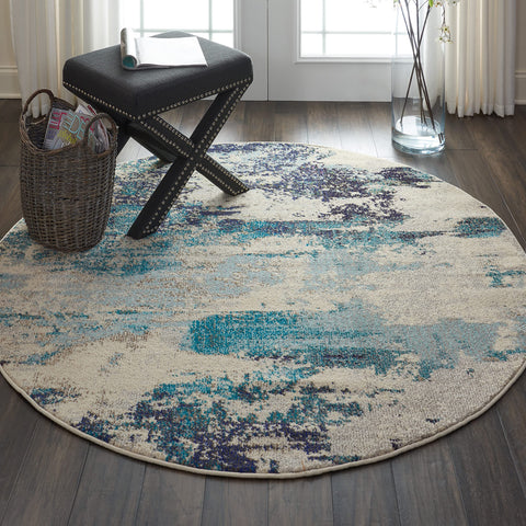 Nourison Celestial Modern Abstract Ivory/Teal Blue 5'3" x Round Area Rug, Easy Clean, Non Shedding, Bed Room, Living Room, Dining Room, Kitchen (5 Round)
