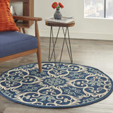 Nourison Caribbean Navy 4' x Round Area Rug, Geometric, Floral, Bed Room, Living Room, Dining Room, Kitchen, Easy Cleaning, Non Shedding, (4' Round)