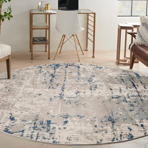 Nourison Concerto Distressed Ivory Grey Blue 4' x Round Area_Rug, Easy-Cleaning, Non Shedding, Bed Room, Living Room, Dining Room, Kitchen (4 Round)