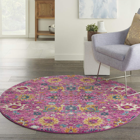 Nourison Passion Fuchsia 5'3" x Round Area Rug, Boho, Moroccan, Bed Room, Living Room, Dining Room, Kitchen, Easy Cleaning, Non Shedding, (5' Round)