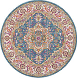 Nourison Passion Bohemian Teal Multicolor 5'3" x Round Area Rug, Easy Clean, Non Shedding, Bed Room, Living Room, Dining Room, Kitchen (5 Round)