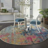 Nourison Celestial Blue/Yellow 7'10" x Round Area Rug, Contemporary, Abstract, Easy Cleaning, Non Shedding, Bed Room, Living Room, Dining Room, Kitchen, (8' Round)
