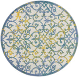 Nourison Aloha Indoor/Outdoor Ivory Blue 5'3" x Round Area Rug, Transitional, French Country, Easy Cleaning, Non Shedding, Bed Room, Kitchen, Living Room, Deck, Backyard, (5' Round)
