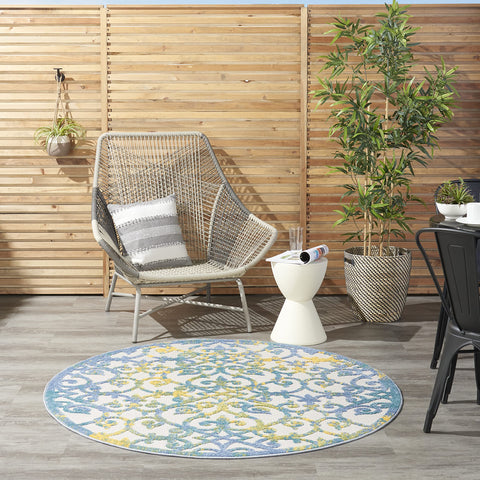 Nourison Aloha Indoor/Outdoor Ivory Blue 5'3" x Round Area Rug, Transitional, French Country, Easy Cleaning, Non Shedding, Bed Room, Kitchen, Living Room, Deck, Backyard, (5' Round)