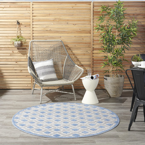 Nourison Aloha Indoor/Outdoor Blue/Grey 5'3" x Round Area Rug, Easy Cleaning, Non Shedding, Bed Room, Living Room, Dining Room, Deck, Backyard, Patio (5 Round)