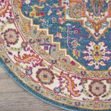 Nourison Passion Bohemian Teal Multicolor 5'3" x Round Area Rug, Easy Clean, Non Shedding, Bed Room, Living Room, Dining Room, Kitchen (5 Round)