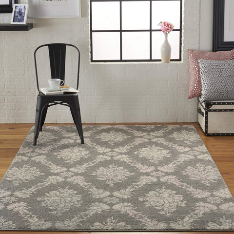 Nourison Tranquil Damask Grey/Pink 4' x 6' Area -Rug, Easy -Cleaning, Non Shedding, Bed Room, Living Room, Dining Room, Kitchen (4x6)