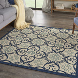 Nourison Caribbean Ivory/Navy 5'3" x Square Area Rug, Geometric, Floral, Bed Room, Living Room, Dining Room, Kitchen, Easy Cleaning, Non Shedding, (5' Square)