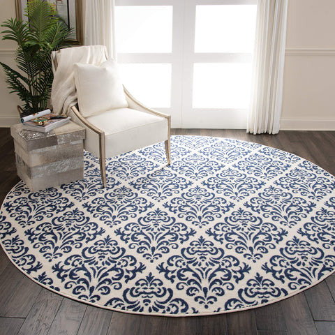 Nourison Grafix Damask White/Blue 8' x Round Area Rug, Easy Clean, Non Shedding, Bed Room, Living Room, Dining Room, Kitchen (8 Round)