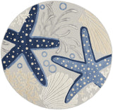 Nourison Aloha Indoor/Outdoor Blue/Grey 4' x Round Area Rug, Coastal, Tropical, Easy Cleaning, Non Shedding, Bed Room, Living Room, Deck, Backyard, (4' Round)