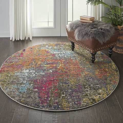 Nourison Celestial Multicolor Sunset 4' x Round Area Rug, Vintage, Abstract, Easy Cleaning, Non Shedding, Bed Room, Living Room, Dining Room, Kitchen, (4' Round)