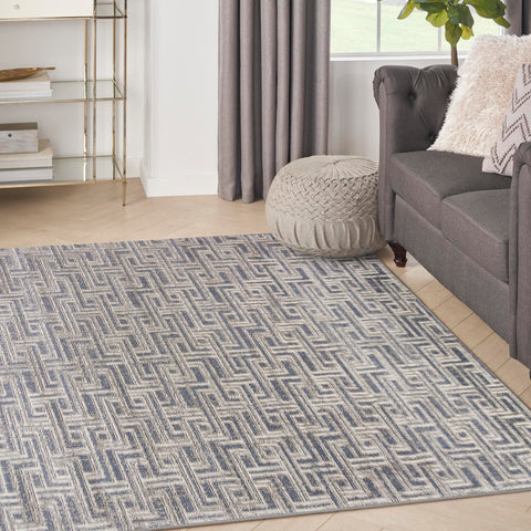 Nourison Serenity Home Geometric Blue Ivory 3'11" x 5'11" Area Rug, Easy Clean, Non Shedding, Bed Room, Living Room, Dining Room, Backyard, Deck, Patio (4x6)