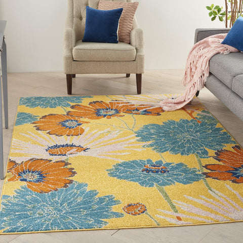 Nourison Allur Yellow Multicolor 5'3" x 7'3" Area Rug, Modern, Floral, Bed Room, Living Room, Dining Room, Kitchen, Easy Cleaning, Non Shedding, (5' x 7')