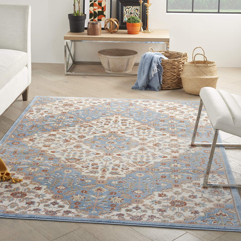 Nourison Elation Floral Ivory Blue 2'3" x 7'6" Area -Rug, Easy -Cleaning, Non Shedding, Bed Room, Living Room, Dining Room, Kitchen (2x7)