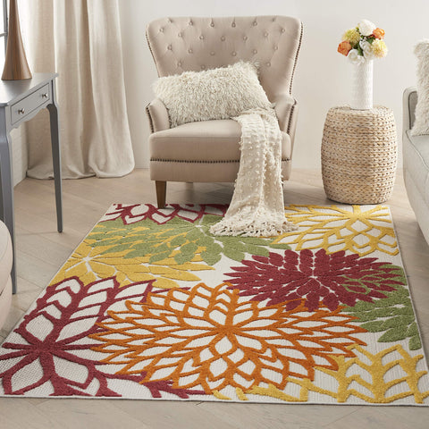 Nourison Aloha Indoor/Outdoor Red Multi Colored 3'6" x 5'6" Area Rug, Tropical, Botanical, Easy Cleaning, Non Shedding, Bed Room, Living Room, Dining Room, Deck, Backyard, Patio (3x5)
