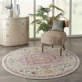 Nourison Passion Ivory/Pink 5'3" x Round Area Rug, Boho, Moroccan, Bed Room, Living Room, Dining Room, Kitchen, Easy Cleaning, Non Shedding, (5' Round)