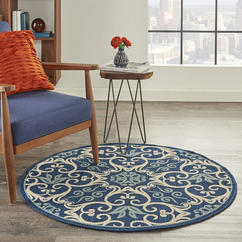 Nourison Caribbean Navy 4' x Round Area Rug, Geometric, Floral, Bed Room, Living Room, Dining Room, Kitchen, Easy Cleaning, Non Shedding, (4' Round)