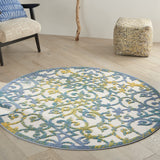 Nourison Aloha Indoor/Outdoor Ivory Blue 4' x Round Area Rug, Transitional, French Country, Easy Cleaning, Non Shedding, Bed Room, Kitchen, Living Room, Deck, Backyard, (4' Round)