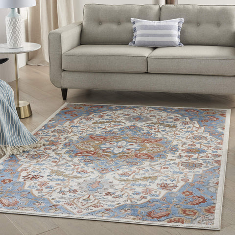 Nourison Elation Floral Ivory Blue 5'3" x 7'3" Area Rug, Easy-Cleaning, Non Shedding, Bed Room, Living Room, Dining Room, Kitchen (5x7)
