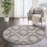 Nourison Tranquil Damask Grey/Pink 5'3" x Round Area-Rug, Easy-Cleaning, Non Shedding, Bed Room, Living Room, Dining Room, Kitchen (5 Round)