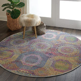 Nourison Global Vintage Geometric Multicolor 4' x Round Area -Rug, Easy -Cleaning, Non Shedding, Bed Room, Living Room, Dining Room, Kitchen (4 Round)