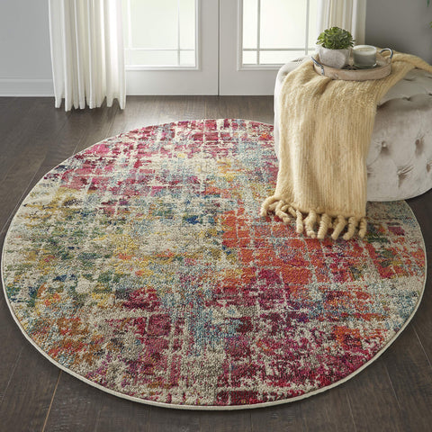 Nourison Celestial Pink/Multicolor 4' x Round Area Rug, Vintage, Abstract, Easy Cleaning, Non Shedding, Bed Room, Living Room, Dining Room, Kitchen, (4' Round)
