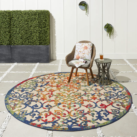 Nourison Aloha Indoor/Outdoor Multicolor 7'10" x Round Area Rug, Transitional, French Country, Easy Cleaning, Non Shedding, Bed Room, Kitchen, Living Room, Deck, Backyard, (8' Round)