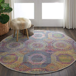 Nourison Global Vintage Geometric Multicolor 4' x Round Area -Rug, Easy -Cleaning, Non Shedding, Bed Room, Living Room, Dining Room, Kitchen (4 Round)