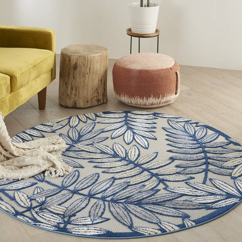 Nourison Aloha Indoor/Outdoor Ivory/Navy 4' x Round Area Rug, Easy Cleaning, Non Shedding, Bed Room, Living Room, Dining Room, Backyard, Deck, Patio (4 Round)