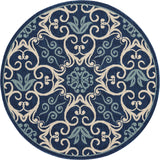 Nourison Caribbean Navy 4' x Round Area Rug, Geometric, Floral, Bed Room, Living Room, Dining Room, Kitchen, Easy Cleaning, Non Shedding, (4' Round)