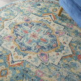 Nourison Passion Ivory/Light Blue 4' x Round Area Rug, Boho, Moroccan, Bed Room, Living Room, Dining Room, Kitchen, Easy Cleaning, Non Shedding, (4' Round)