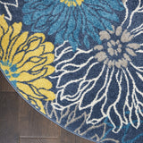 Nourison Passion Blue 5'3" x Round Area Rug, Floral, Farmhouse, Easy Cleaning, Non Shedding, Bed Room, Living Room, Dining Room, Kitchen, (5' Round)