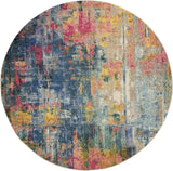 Nourison Celestial Blue/Yellow 7'10" x Round Area Rug, Contemporary, Abstract, Easy Cleaning, Non Shedding, Bed Room, Living Room, Dining Room, Kitchen, (8' Round)